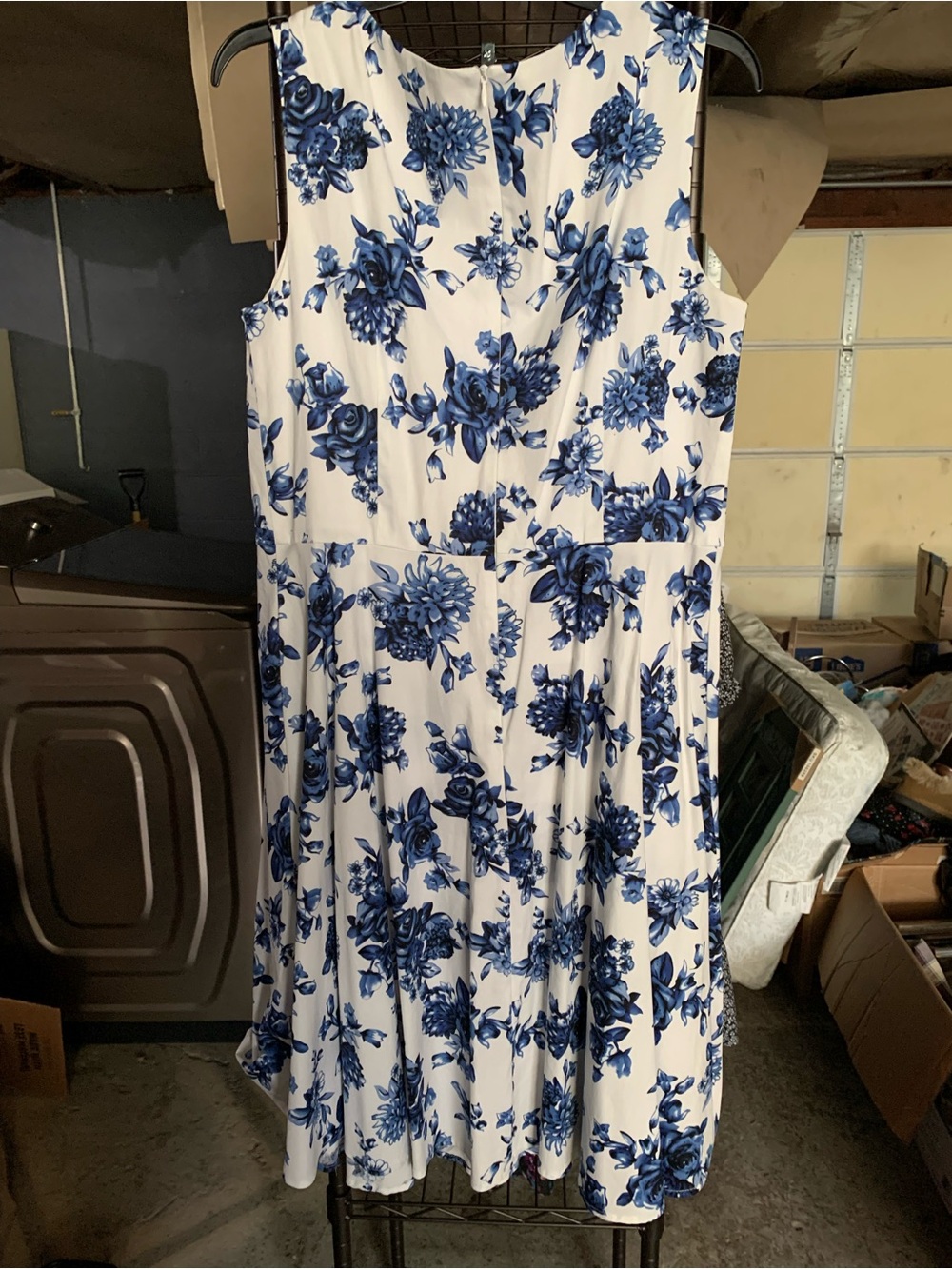Blue Floral Sleeveless A-Line Dress - White & Blue
